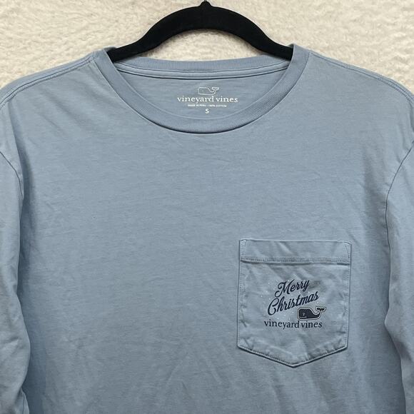Vineyard Vines Shirt Mens Small Blue Long Sleeve Pocket Merry Christmas Whale - Picture 4 of 12